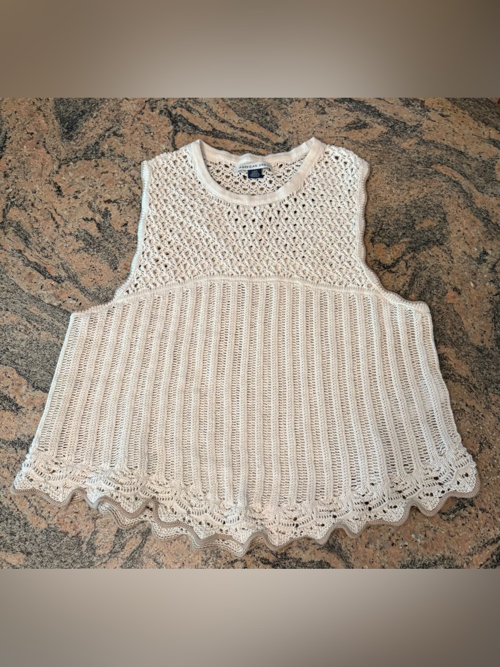American Eagle Outfitters Cream Crochet Tank with Scalloped Edge